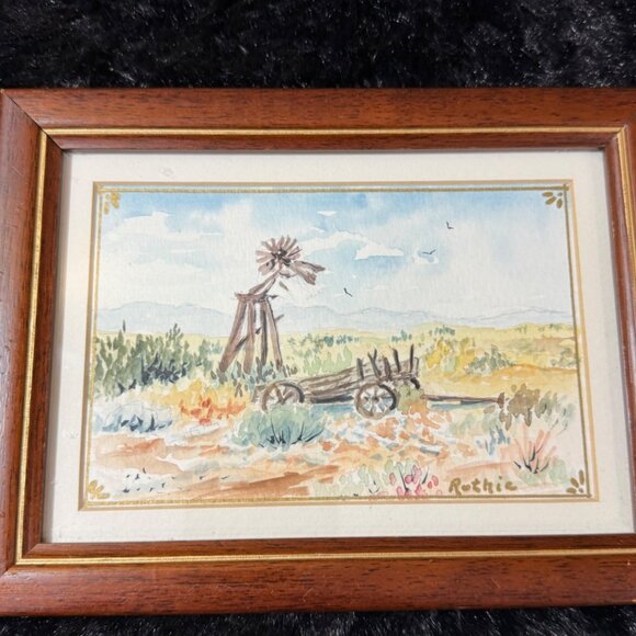 Framed Watercolor Landscape Painting By Rothie With Rustic Windmill & Cart Scene